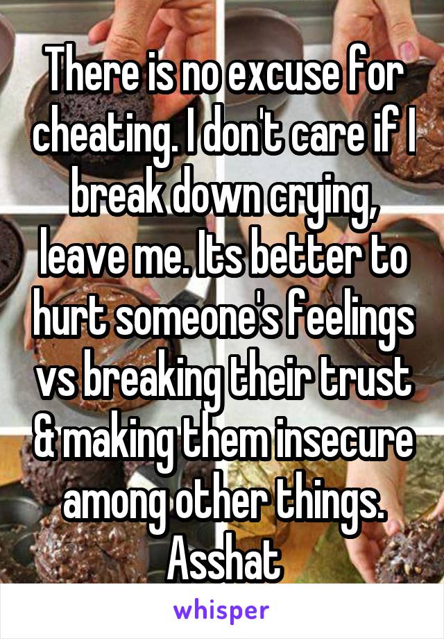 There is no excuse for cheating. I don't care if I break down crying, leave me. Its better to hurt someone's feelings vs breaking their trust & making them insecure among other things. Asshat