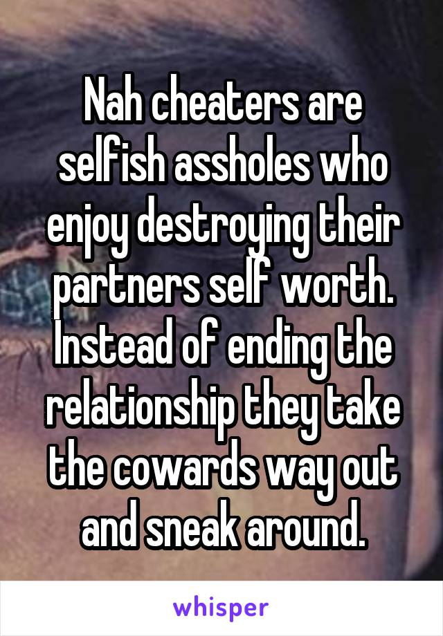 Nah cheaters are selfish assholes who enjoy destroying their partners self worth. Instead of ending the relationship they take the cowards way out and sneak around.