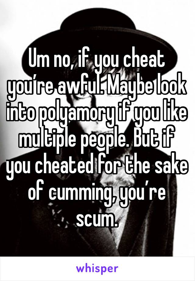 Um no, if you cheat you’re awful. Maybe look into polyamory if you like multiple people. But if you cheated for the sake of cumming, you’re scum. 