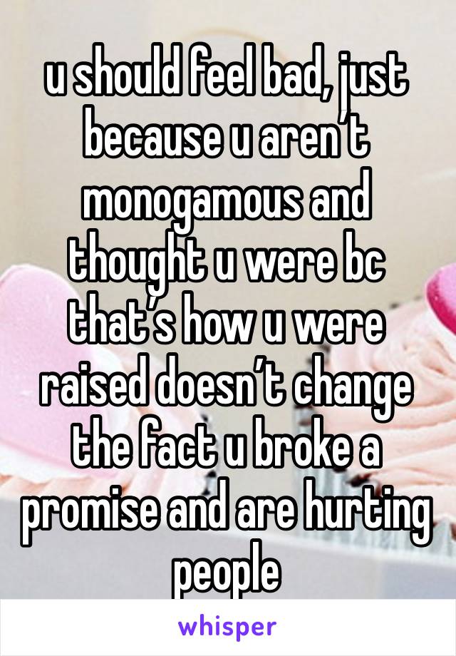 u should feel bad, just because u aren’t monogamous and thought u were bc that’s how u were raised doesn’t change the fact u broke a promise and are hurting people