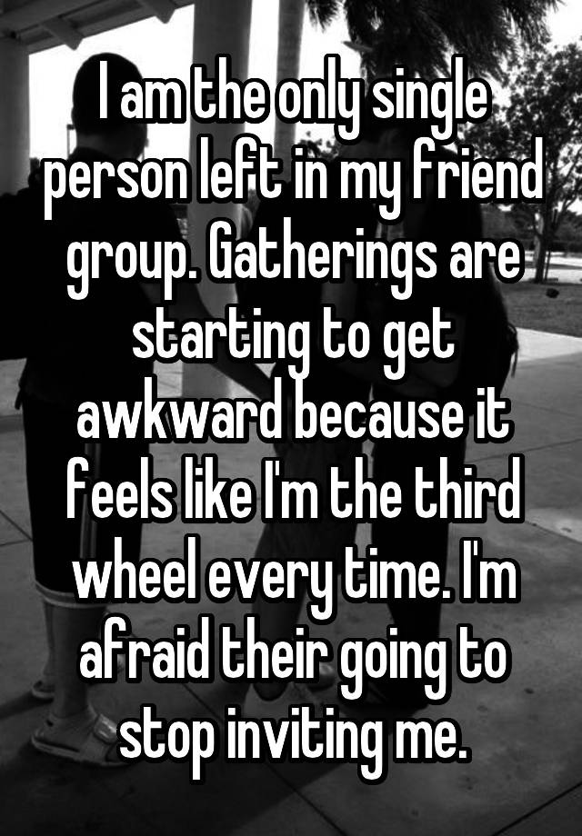 I am the only single person left in my friend group. Gatherings are starting to get awkward because it feels like I'm the third wheel every time. I'm afraid their going to stop inviting me.