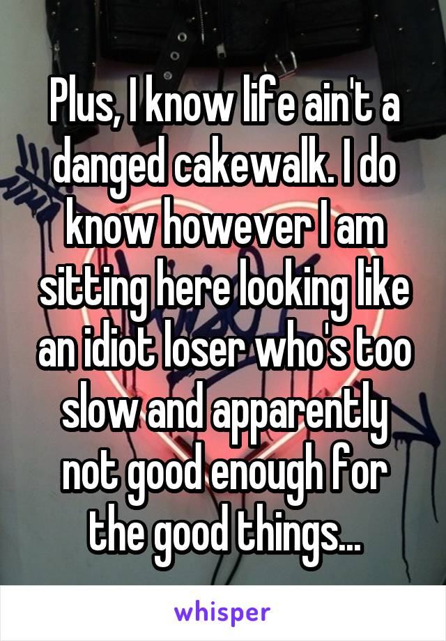 Plus, I know life ain't a danged cakewalk. I do know however I am sitting here looking like an idiot loser who's too slow and apparently not good enough for the good things...