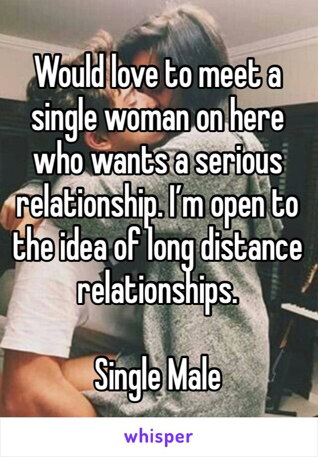 Would love to meet a single woman on here who wants a serious relationship. I’m open to the idea of long distance relationships. 

Single Male 