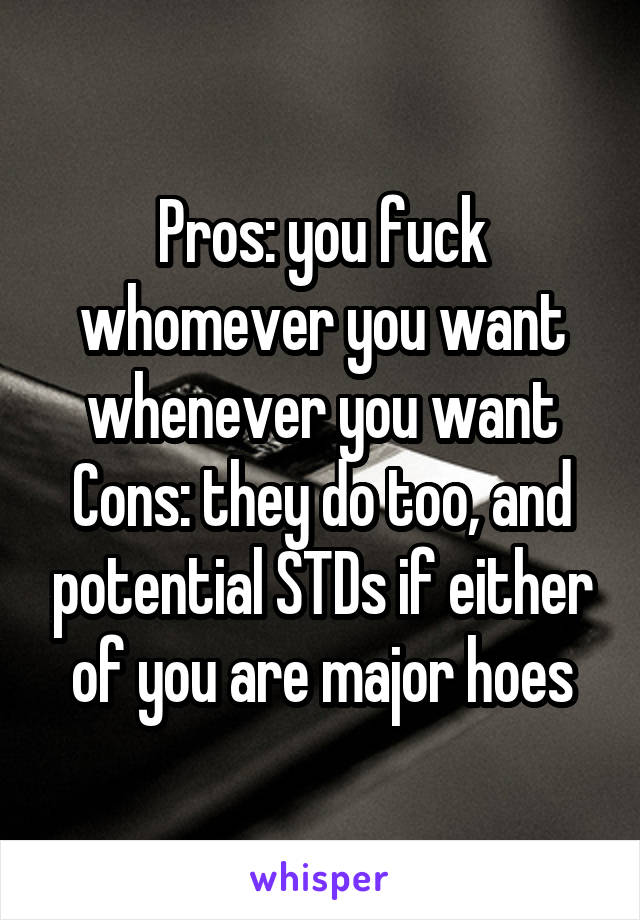 Pros: you fuck whomever you want whenever you want
Cons: they do too, and potential STDs if either of you are major hoes