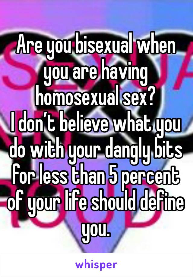 Are you bisexual when you are having homosexual sex? 
I don’t believe what you do with your dangly bits for less than 5 percent of your life should define you.