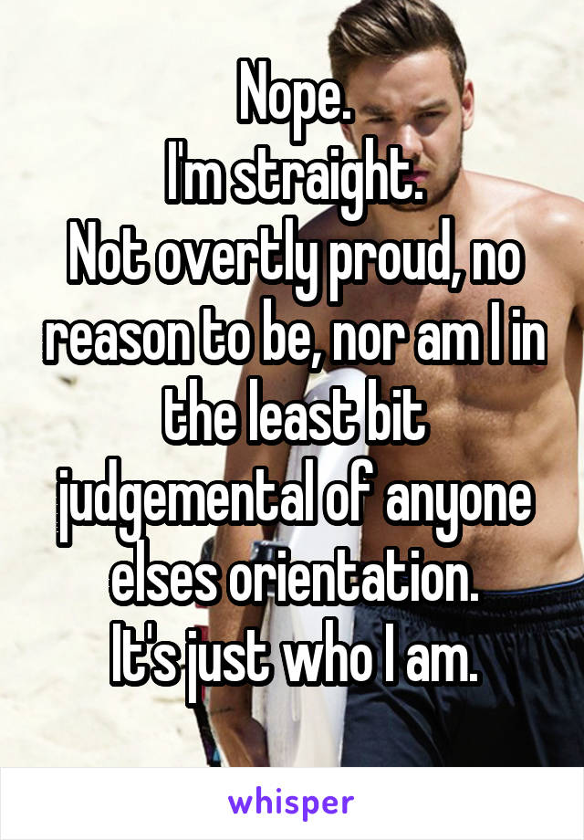 Nope.
I'm straight.
Not overtly proud, no reason to be, nor am I in the least bit judgemental of anyone elses orientation.
It's just who I am.
