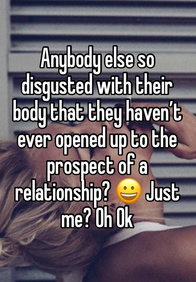 Anybody else so disgusted with their body that they haven’t  ever opened up to the prospect of a relationship? 😀 Just me? Oh Ok