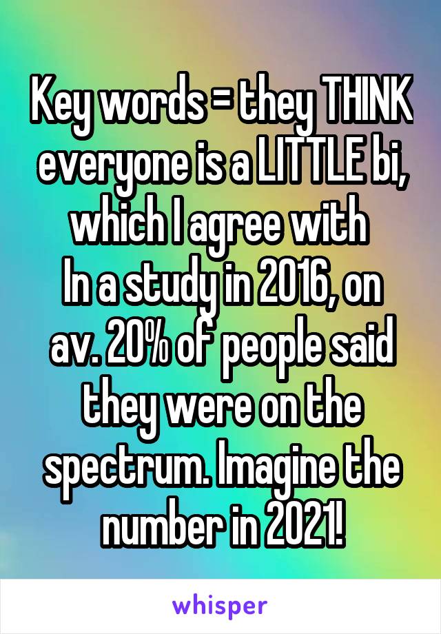 Key words = they THINK everyone is a LITTLE bi, which I agree with 
In a study in 2016, on av. 20% of people said they were on the spectrum. Imagine the number in 2021!