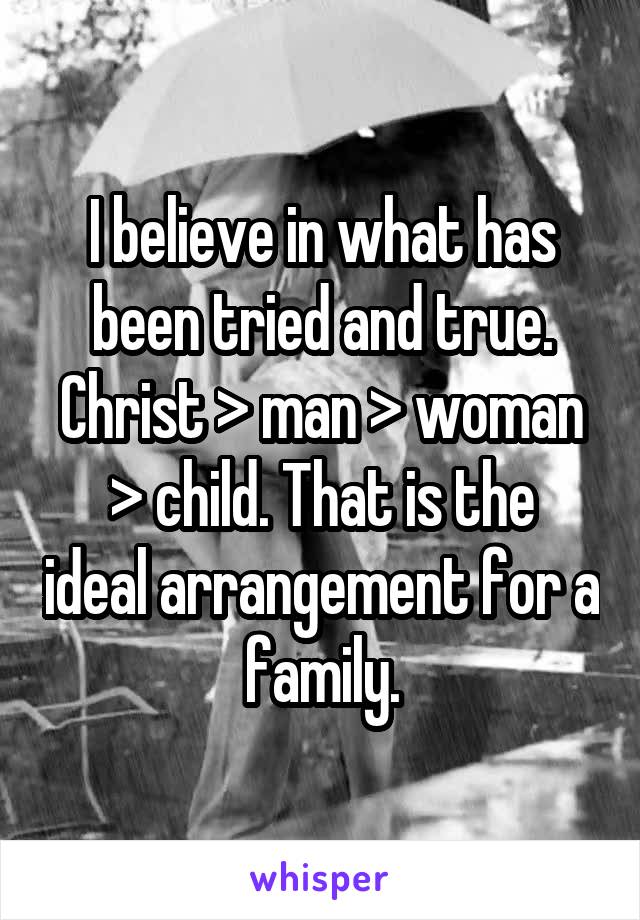 I believe in what has been tried and true. Christ > man > woman
> child. That is the ideal arrangement for a family.