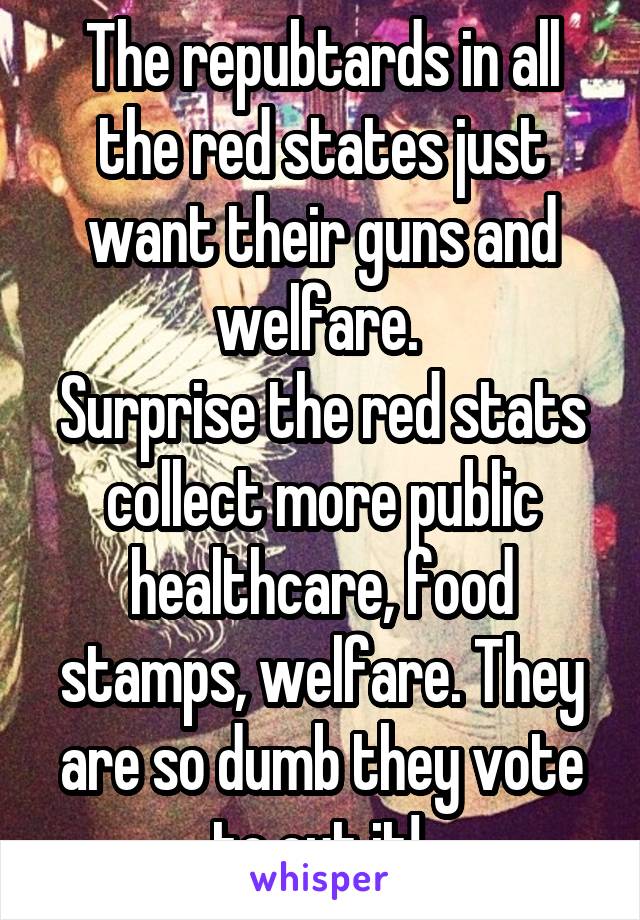 The repubtards in all the red states just want their guns and welfare. 
Surprise the red stats collect more public healthcare, food stamps, welfare. They are so dumb they vote to cut it! 