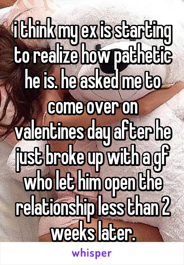 i think my ex is starting to realize how pathetic he is. he asked me to come over on valentines day after he just broke up with a gf who let him open the relationship less than 2 weeks later.