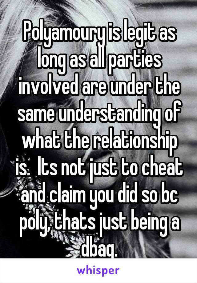 Polyamoury is legit as long as all parties involved are under the same understanding of what the relationship is.  Its not just to cheat and claim you did so bc poly, thats just being a dbag.