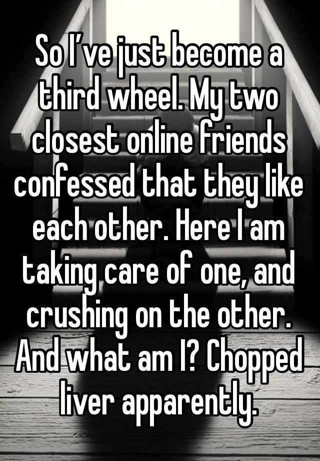 So I’ve just become a third wheel. My two closest online friends confessed that they like each other. Here I am taking care of one, and crushing on the other. And what am I? Chopped liver apparently.