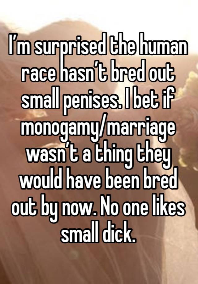 I’m surprised the human race hasn’t bred out small penises. I bet if monogamy/marriage wasn’t a thing they would have been bred out by now. No one likes small dick. 