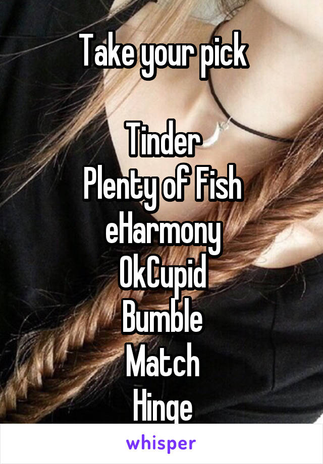 Take your pick

Tinder
Plenty of Fish
eHarmony
OkCupid
Bumble
Match
Hinge