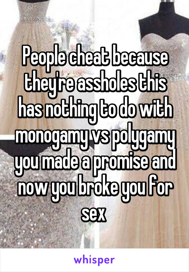 People cheat because they're assholes this has nothing to do with monogamy vs polygamy you made a promise and now you broke you for sex 