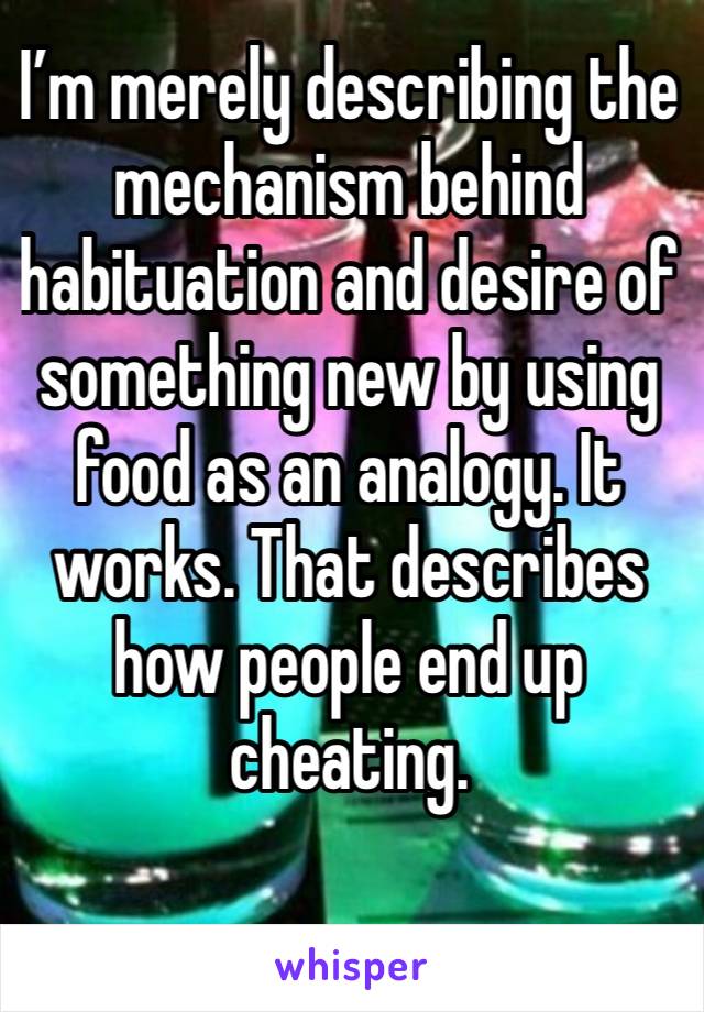 I’m merely describing the mechanism behind habituation and desire of something new by using food as an analogy. It works. That describes how people end up cheating. 