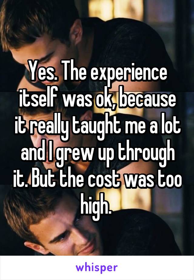 Yes. The experience itself was ok, because it really taught me a lot and I grew up through it. But the cost was too high. 