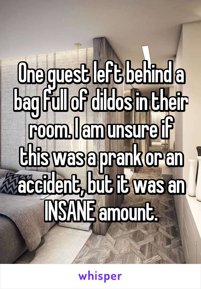 One guest left behind a bag full of dildos in their room. I am unsure if this was a prank or an accident, but it was an INSANE amount.