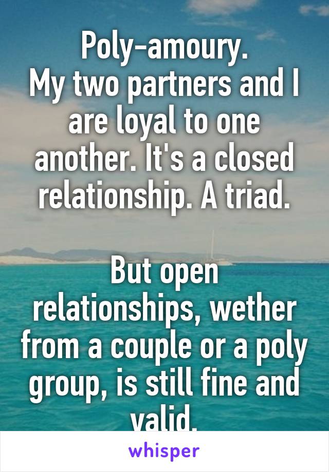 Poly-amoury.
My two partners and I are loyal to one another. It's a closed relationship. A triad.

But open relationships, wether from a couple or a poly group, is still fine and valid.