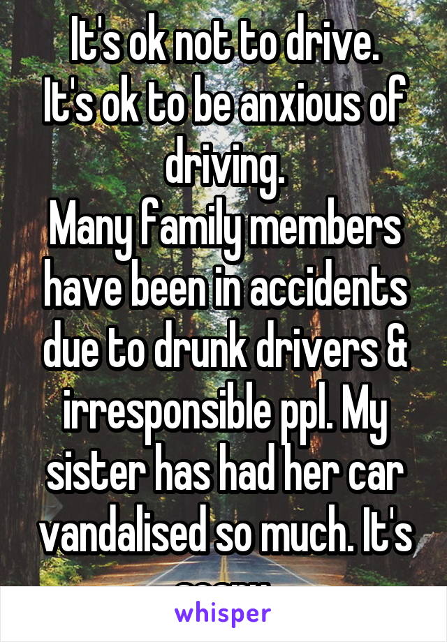 It's ok not to drive.
It's ok to be anxious of driving.
Many family members have been in accidents due to drunk drivers & irresponsible ppl. My sister has had her car vandalised so much. It's scary 