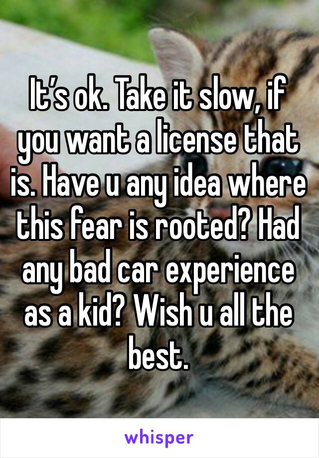 It’s ok. Take it slow, if you want a license that is. Have u any idea where this fear is rooted? Had any bad car experience as a kid? Wish u all the best.