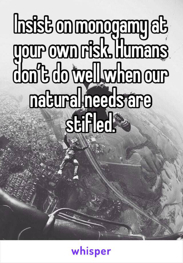 Insist on monogamy at your own risk. Humans don’t do well when our natural needs are stifled. 