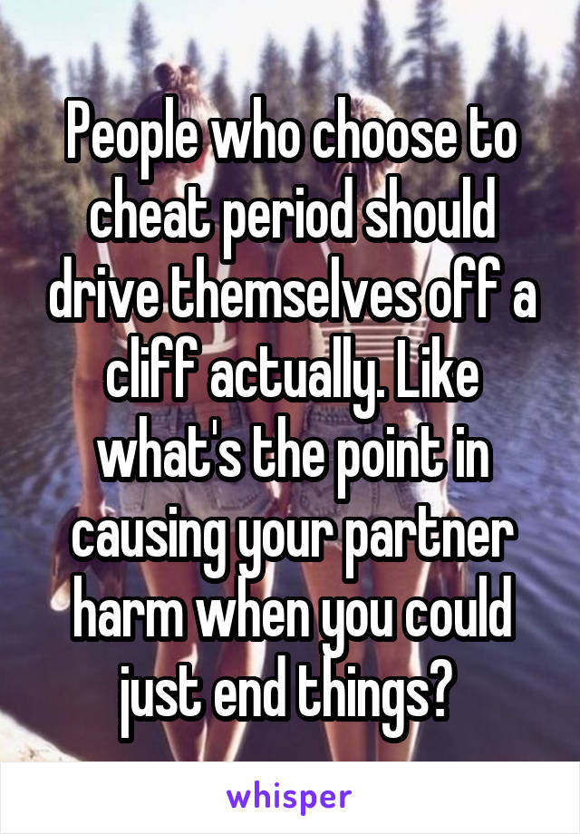 People who choose to cheat period should drive themselves off a cliff actually. Like what's the point in causing your partner harm when you could just end things? 