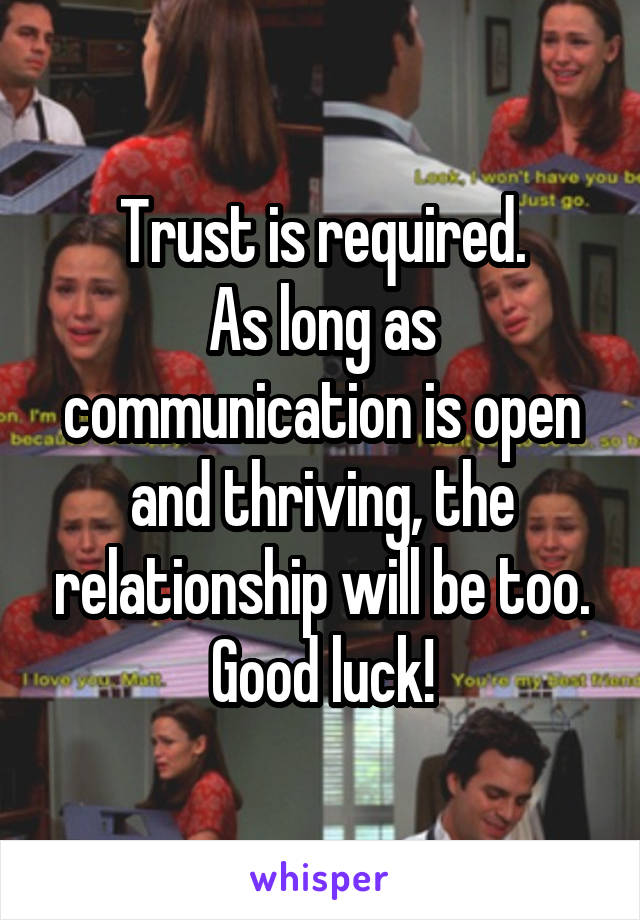 Trust is required.
As long as communication is open and thriving, the relationship will be too.
Good luck!