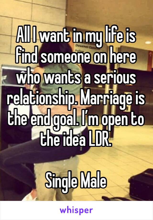 All I want in my life is find someone on here who wants a serious relationship. Marriage is the end goal. I’m open to the idea LDR.

Single Male 