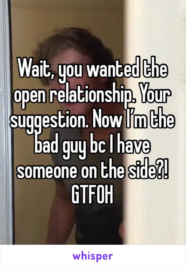 Wait, you wanted the open relationship. Your suggestion. Now I’m the bad guy bc I have someone on the side?! GTFOH