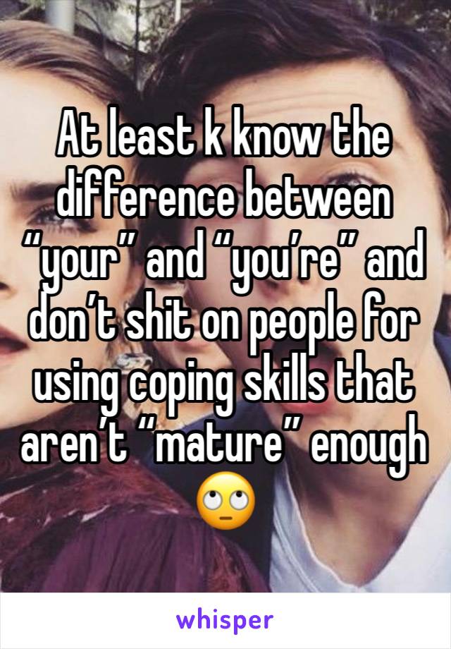 At least k know the difference between “your” and “you’re” and don’t shit on people for using coping skills that aren’t “mature” enough 🙄