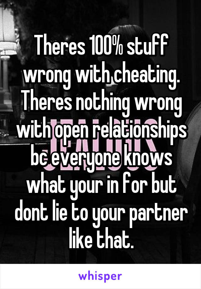 Theres 100% stuff wrong with cheating. Theres nothing wrong with open relationships bc everyone knows what your in for but dont lie to your partner like that.