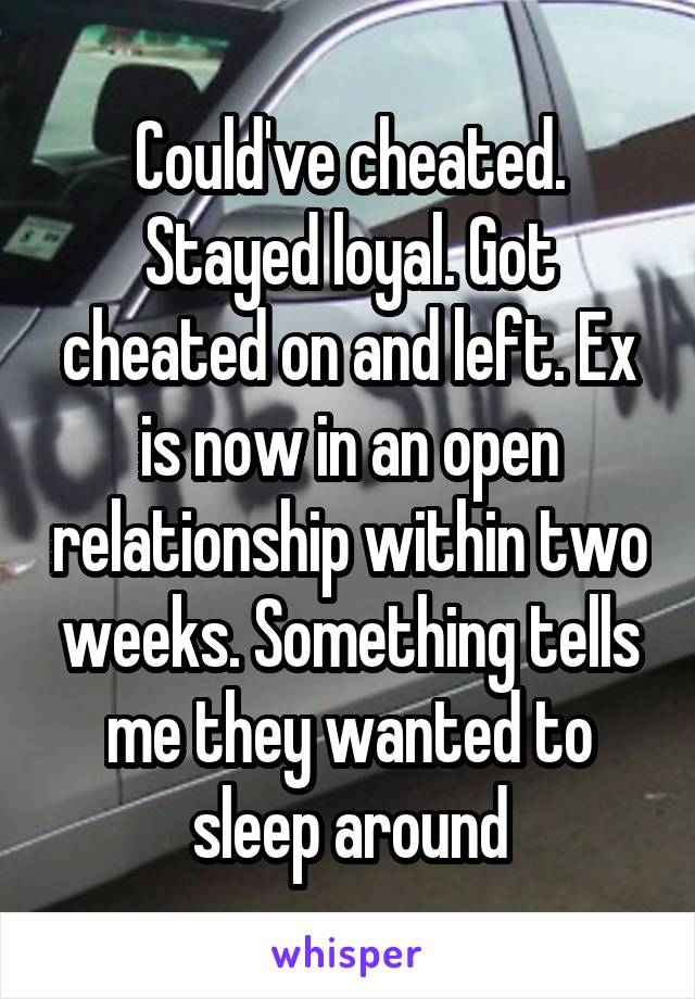 Could've cheated. Stayed loyal. Got cheated on and left. Ex is now in an open relationship within two weeks. Something tells me they wanted to sleep around