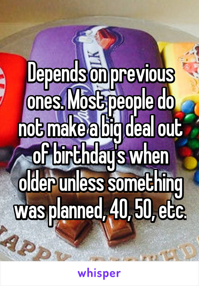 Depends on previous ones. Most people do not make a big deal out of birthday's when older unless something was planned, 40, 50, etc.