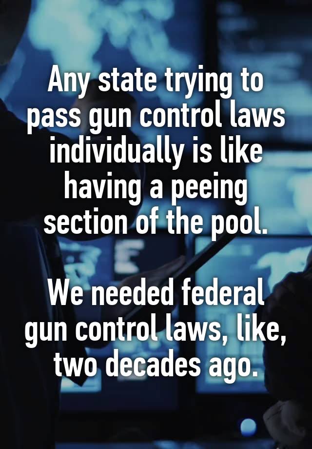 Any state trying to pass gun control laws individually is like having a peeing section of the pool.

We needed federal gun control laws, like, two decades ago.