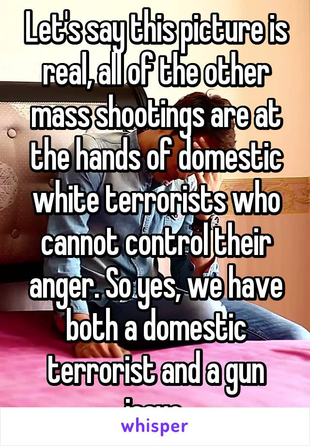 Let's say this picture is real, all of the other mass shootings are at the hands of domestic white terrorists who cannot control their anger. So yes, we have both a domestic terrorist and a gun issue.