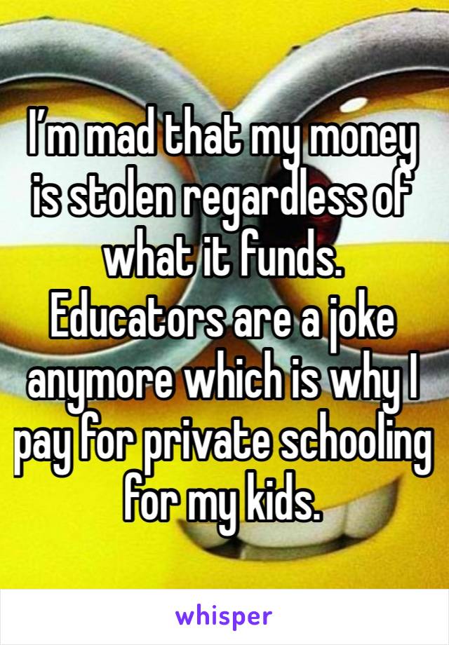 I’m mad that my money is stolen regardless of what it funds. Educators are a joke anymore which is why I pay for private schooling for my kids. 