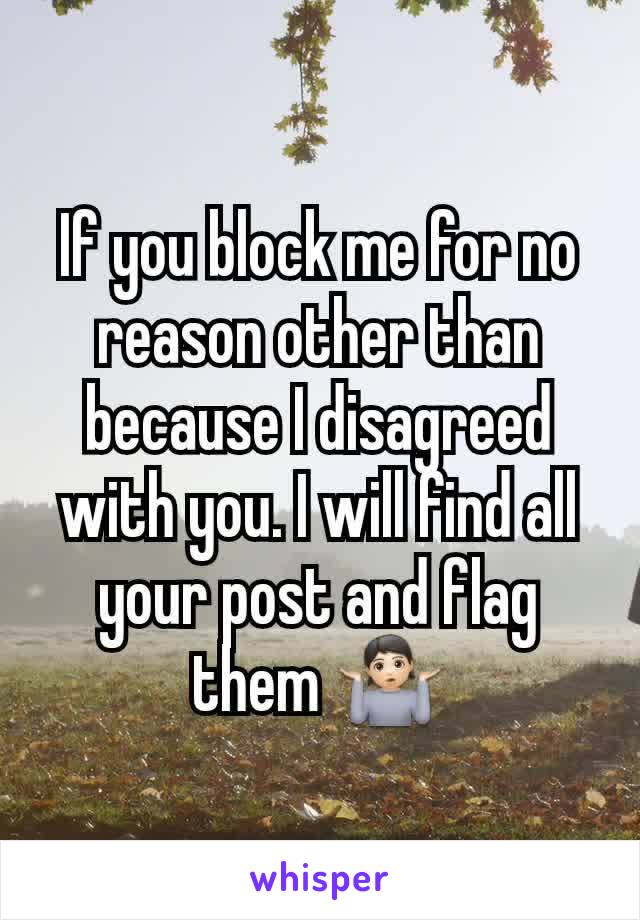 If you block me for no reason other than because I disagreed with you. I will find all your post and flag them 🤷🏻