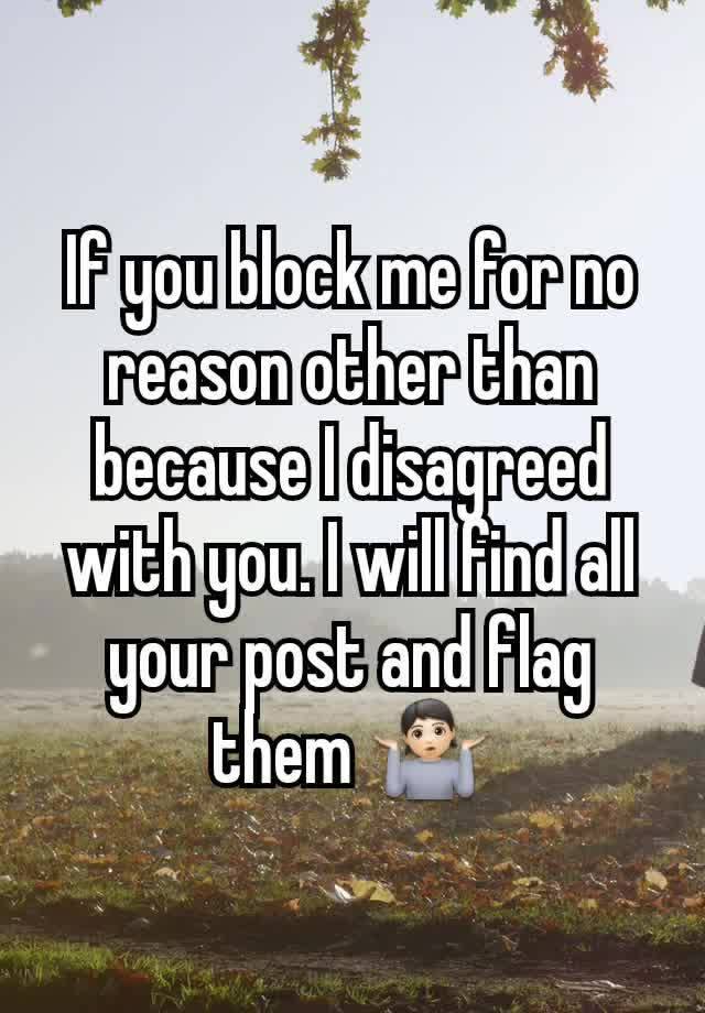 If you block me for no reason other than because I disagreed with you. I will find all your post and flag them 🤷🏻