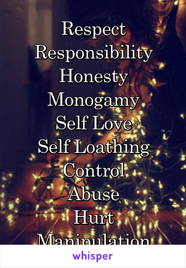 Respect
Responsibility
Honesty
Monogamy
Self Love
Self Loathing
Control
Abuse
Hurt
Manipulation