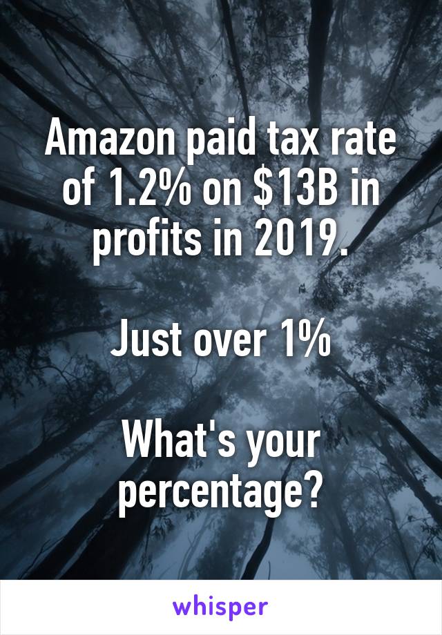 Amazon paid tax rate of 1.2% on $13B in profits in 2019.

Just over 1%

What's your percentage?