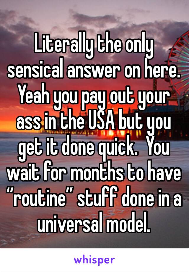 Literally the only sensical answer on here.  Yeah you pay out your ass in the USA but you get it done quick.  You wait for months to have “routine” stuff done in a universal model. 