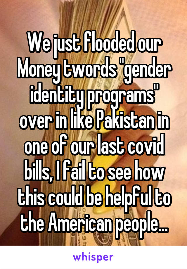 We just flooded our Money twords "gender identity programs" over in like Pakistan in one of our last covid bills, I fail to see how this could be helpful to the American people...