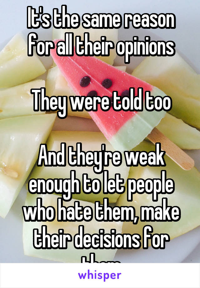 It's the same reason for all their opinions

They were told too

And they're weak enough to let people who hate them, make their decisions for them