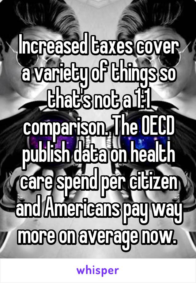 Increased taxes cover a variety of things so that's not a 1:1 comparison. The OECD publish data on health care spend per citizen and Americans pay way more on average now. 