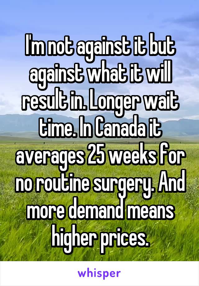 I'm not against it but against what it will result in. Longer wait time. In Canada it averages 25 weeks for no routine surgery. And more demand means higher prices.