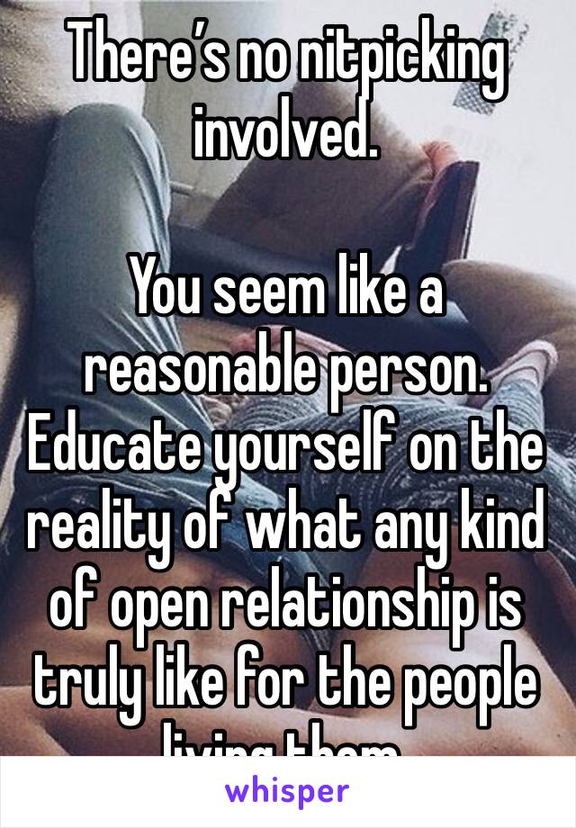 There’s no nitpicking involved.

You seem like a reasonable person. Educate yourself on the reality of what any kind of open relationship is truly like for the people living them.