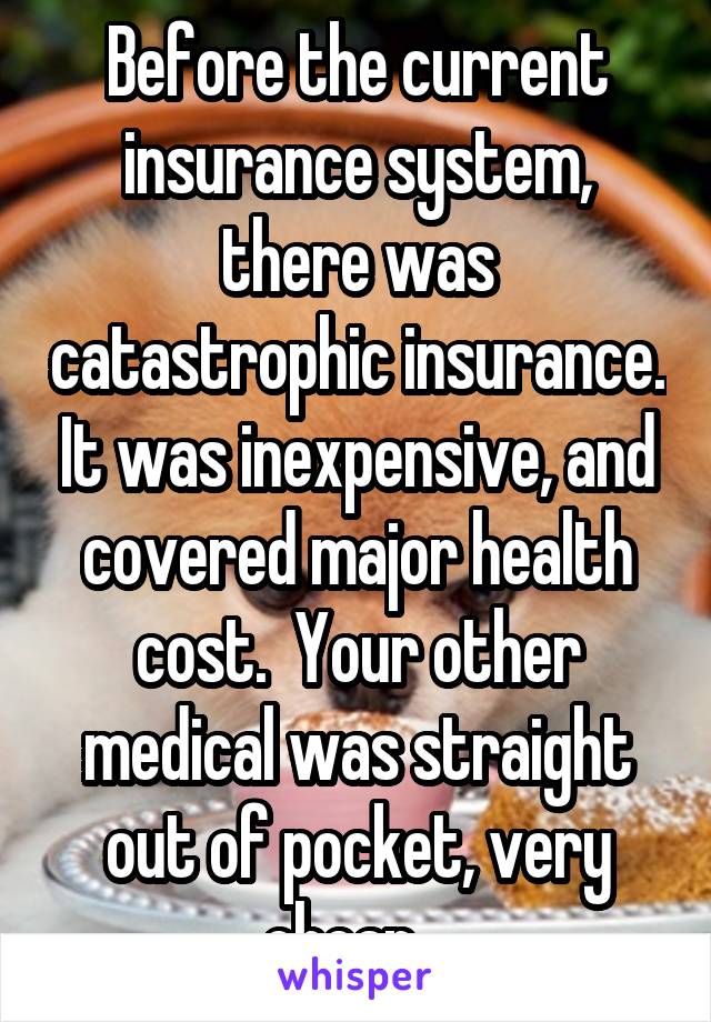 Before the current insurance system, there was catastrophic insurance. It was inexpensive, and covered major health cost.  Your other medical was straight out of pocket, very cheap.  