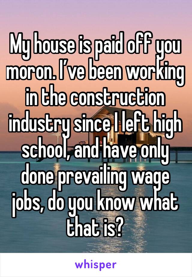 My house is paid off you moron. I’ve been working in the construction industry since I left high school, and have only done prevailing wage jobs, do you know what that is?